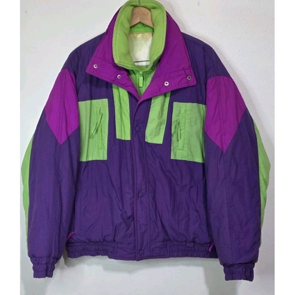 Vintage Hot Music Women L Full Zip Bomber Nylon Ski Jacket Neon Purple Snow EUC
